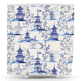 Lofaris Blue Chinese Pagodas Mountains Trees Shower Curtain